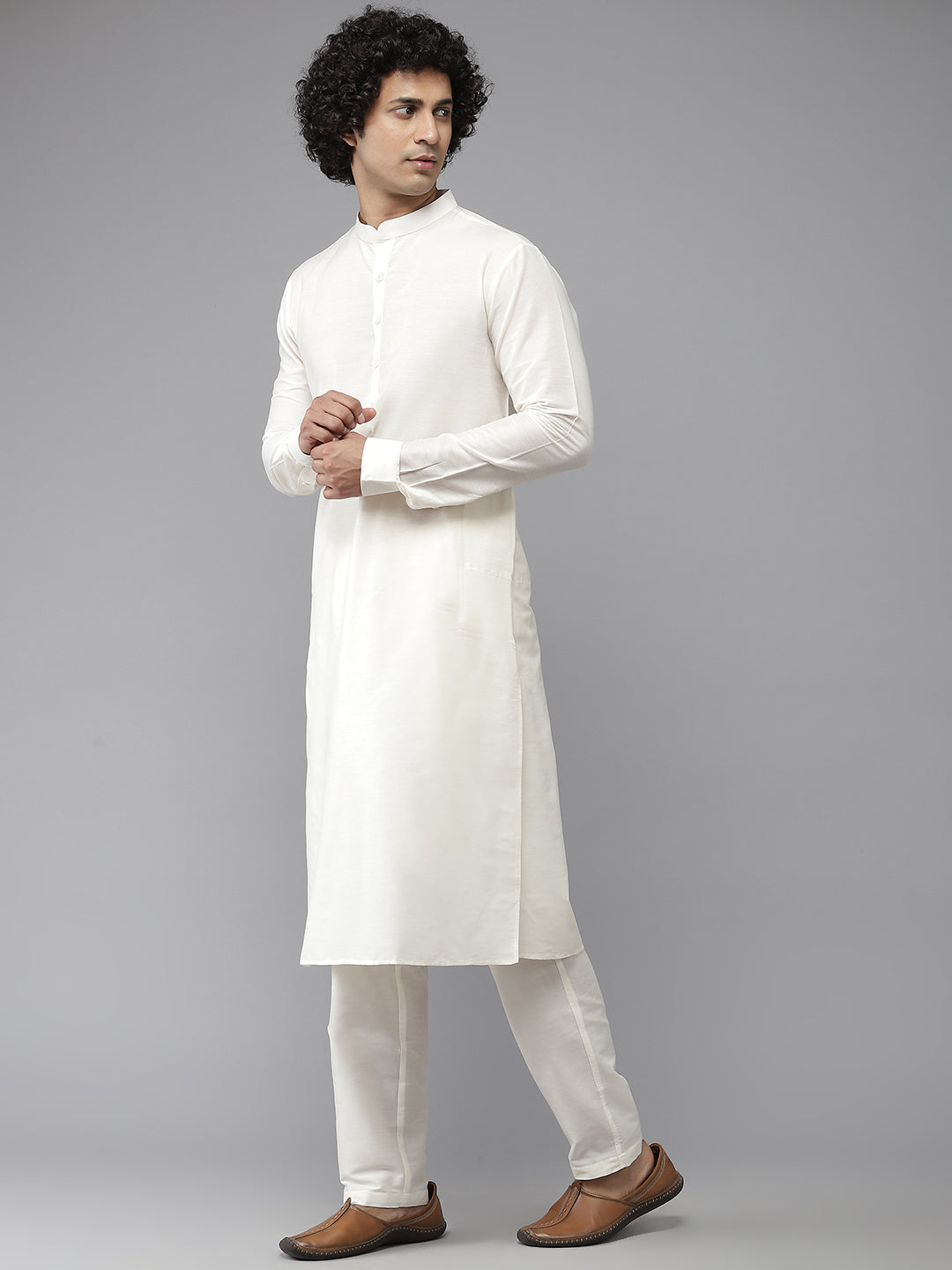 Riwaat.com Men White Solid Kurta Pajama With Champagne Delicacy Nehru jacket Riwaat Indo Western