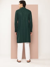 Men Green Embroidered Sequin Rayon Kurta