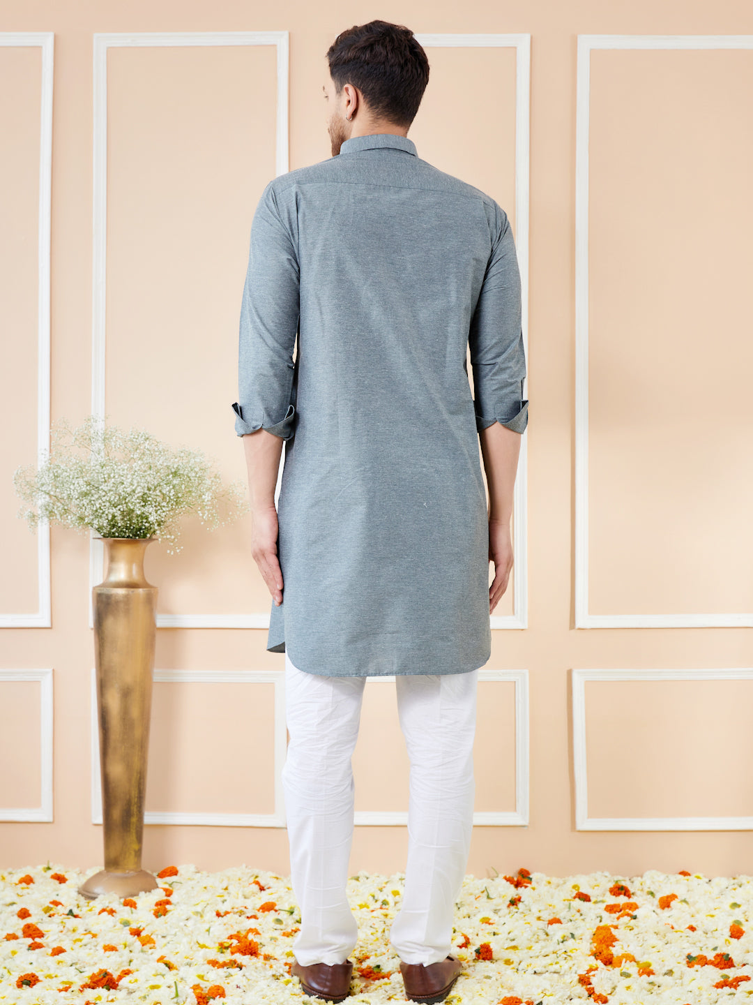 Men Grey Cotton Solid Pathani Kurta with Pyjama