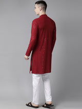 Men Maroon Floral Embroidered Sequined Rayon Kurta