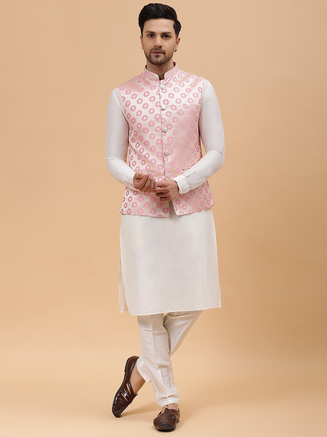 Men Off White Kurta Pajama & Gold with Pink Woven Design Jacquard Nehru jacket