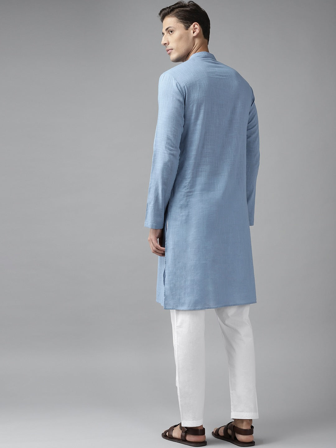 Men Sky Blue Cotton Straight Kurta with Slub Effect With Pajama