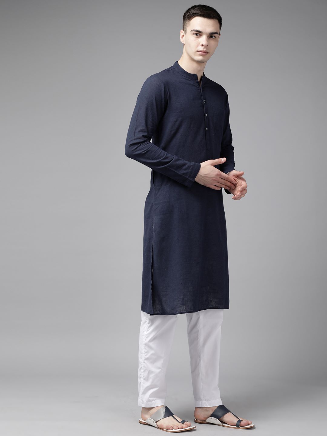 Men Blue & Beige Printed Pure Cotton Kurta Pajama With Nehru Jacket