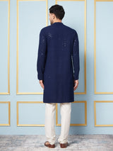 Men Navy Blue Floral Embroidered Sequined Rayon Kurta & White Pajama