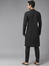 Men Black Pure Cotton Embroidered Straight Kurta With Pajama