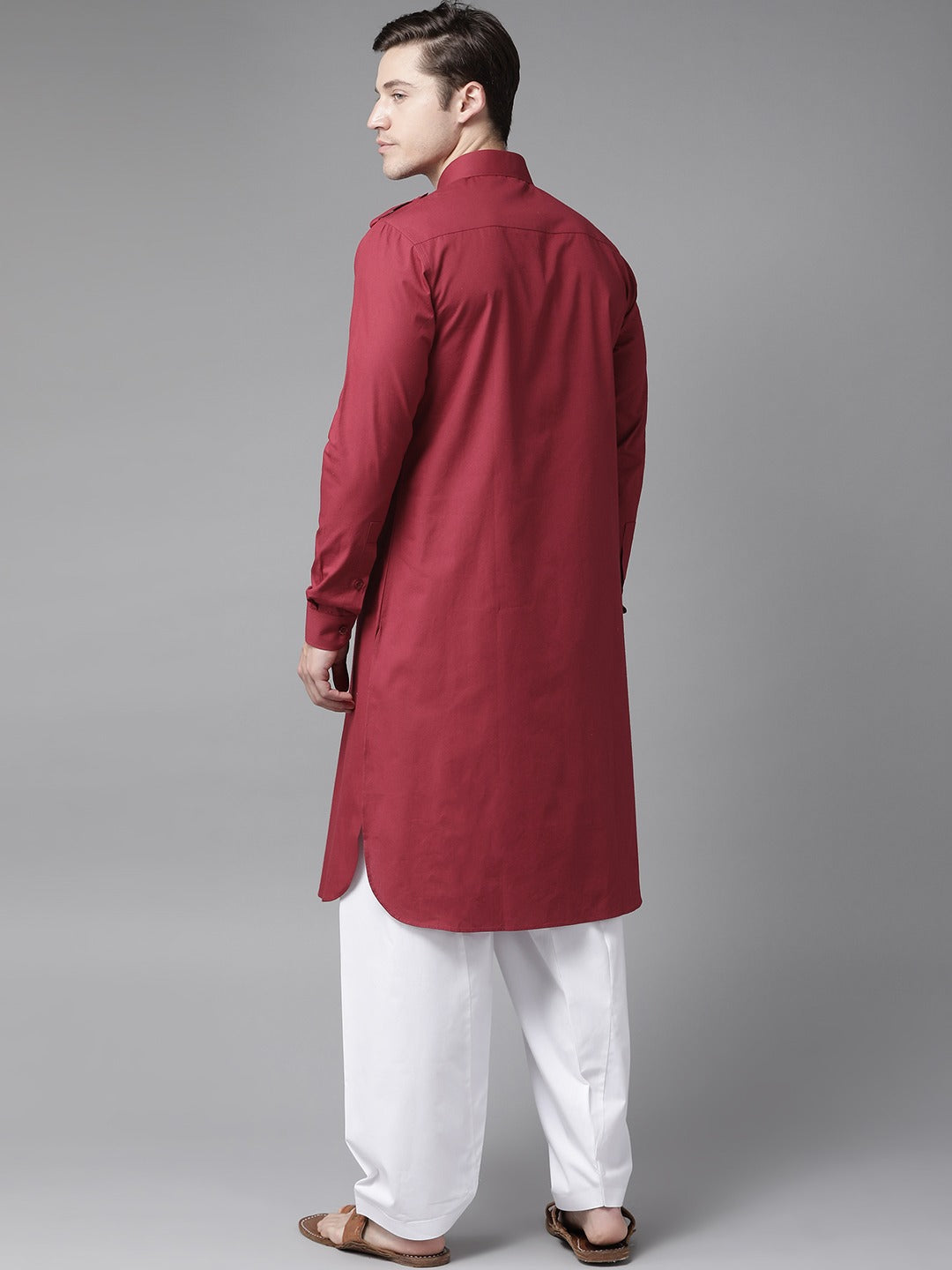 Riwaat.com Men Maroon Pathani Kurta with Salwar Riwaat Pathani Plain