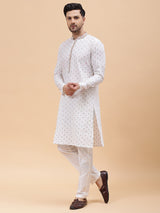 Men Off White & Multi Color Pure Cotton Embroidered Straight Kurta With pyjama