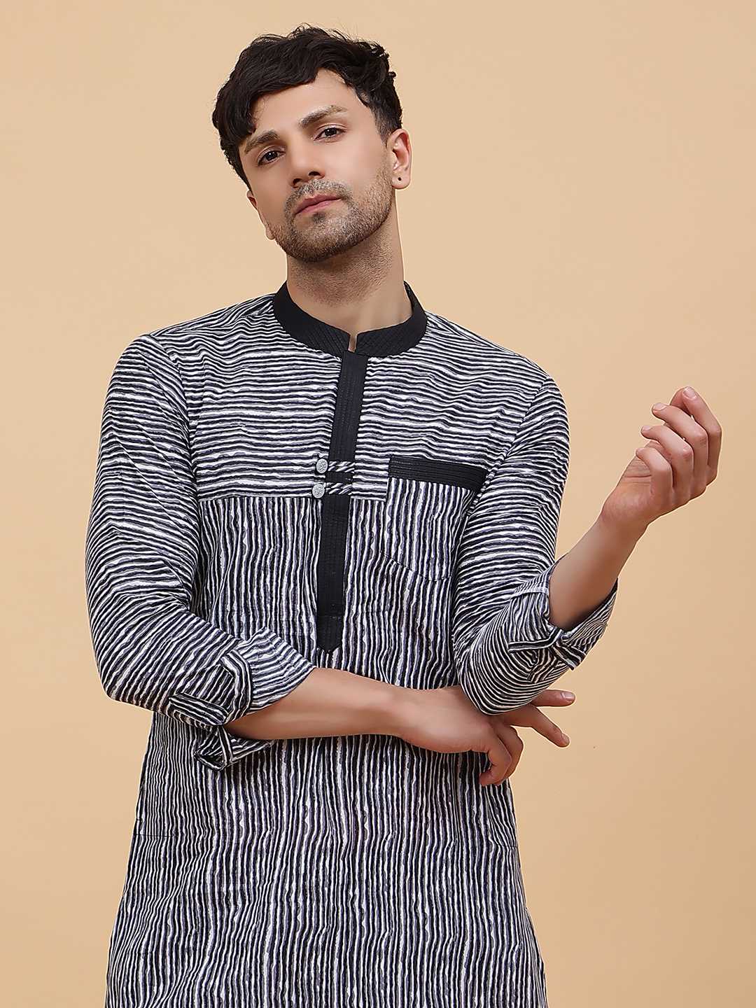 Men Black & White Pure Cotton Thread Work Straight Kurta