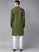 Men Green & Gold Stripe Printed Straight Kurta With Pyjama