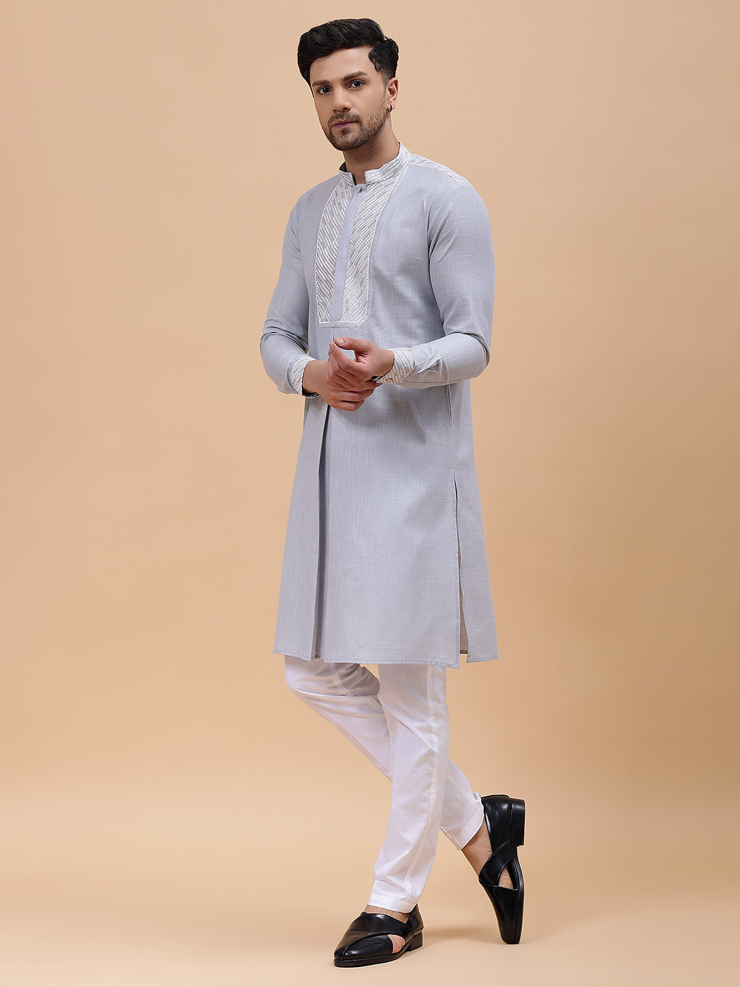 Men Grey Zari Work Silk Woven Design Straight Kurta With pyjama