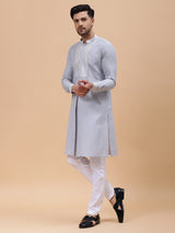 Men Grey Zari Work Silk Woven Design Straight Kurta With pyjama
