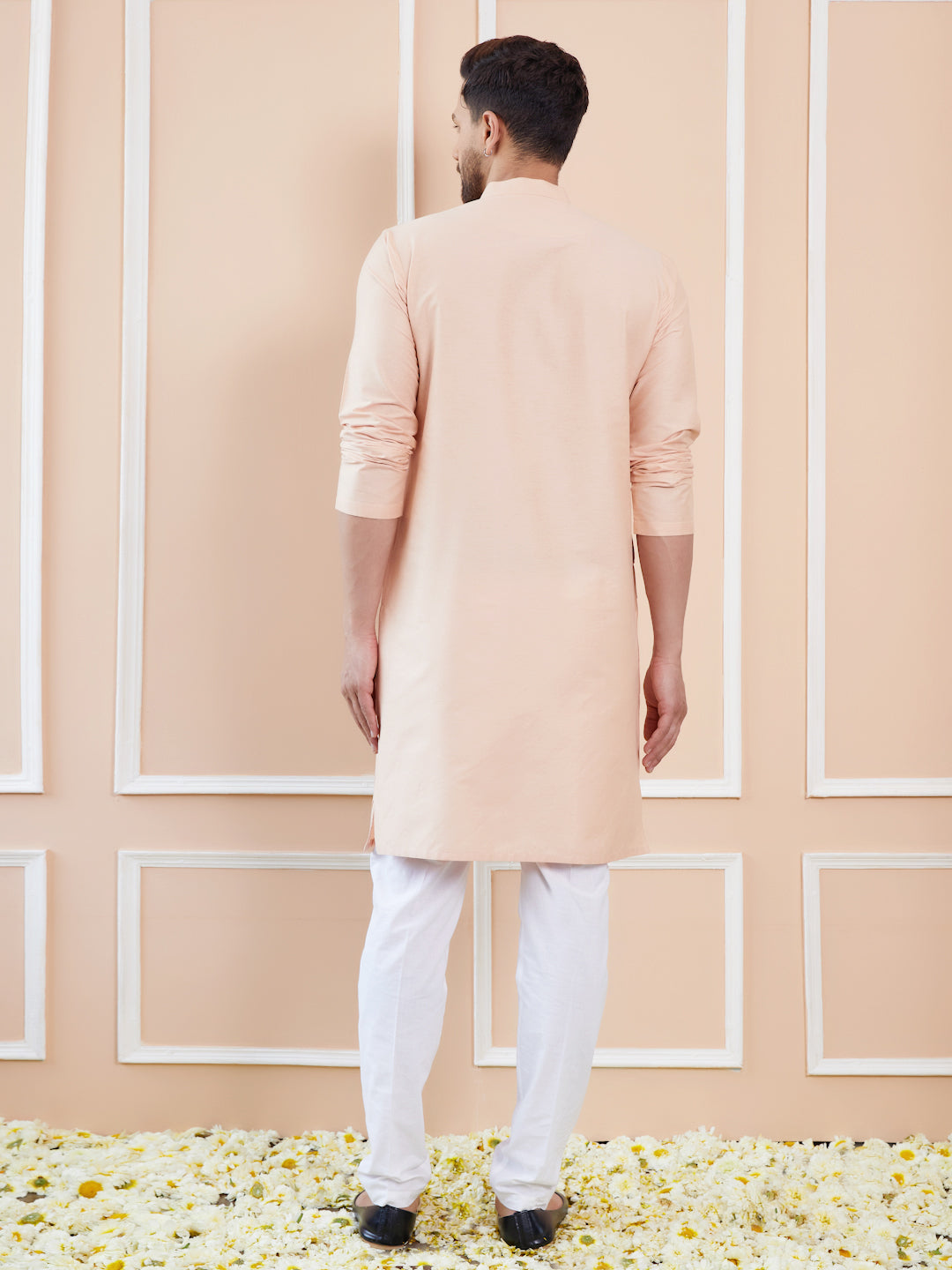 Men Peach Cotton Silk Pintex Design Thread Work Kurta