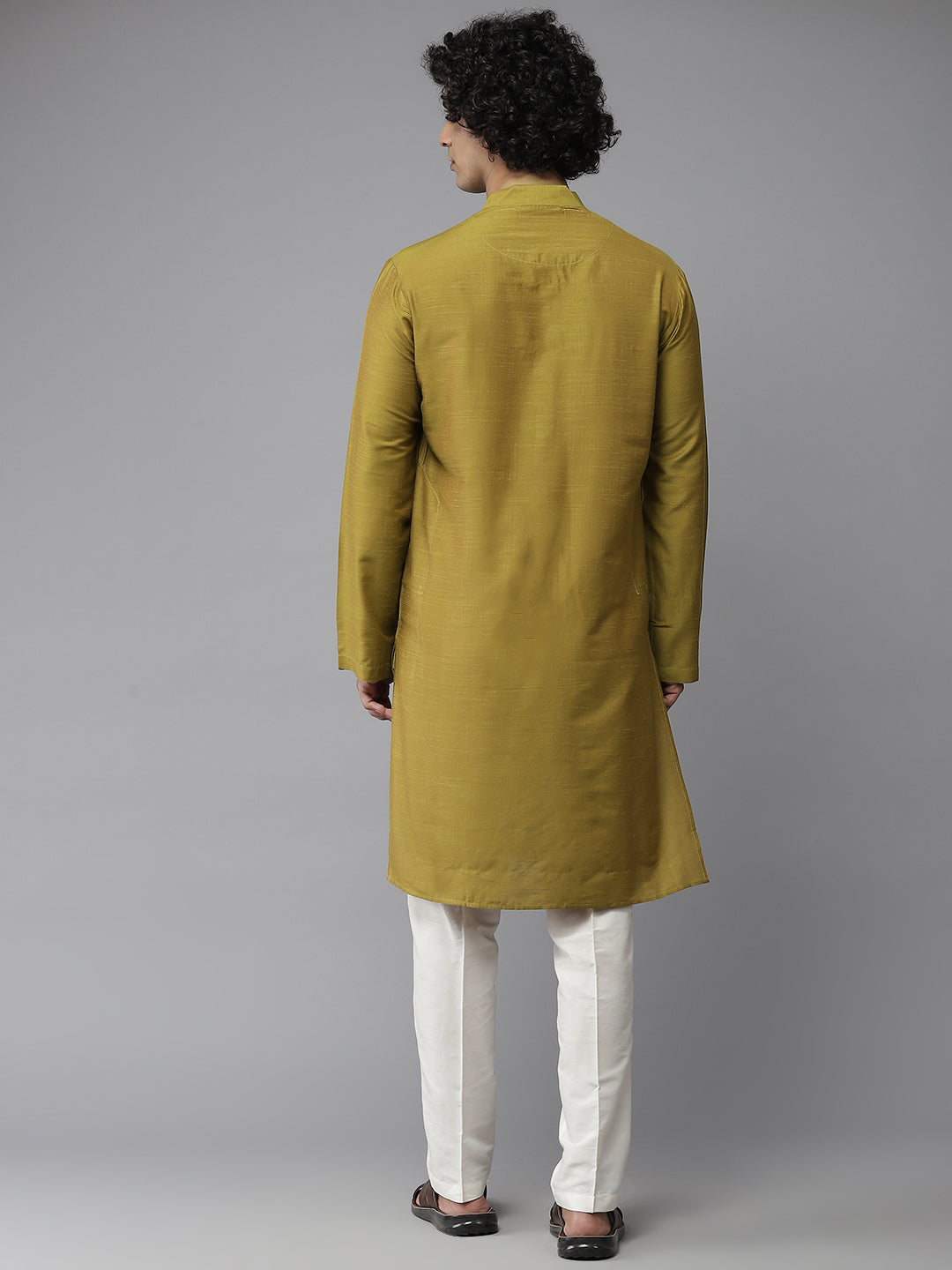 Men Mustard Cotton Silk Straight Kurta