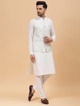 Riwaat.com Men Off White Kurta Pajama & Green Woven Design Jacquard Nehru jacket Riwaat Indo Western Mehendi