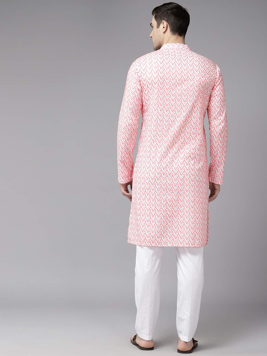 Men Coral Pink Pure Cotton Embroidered Straight Kurta With Pajama