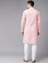 Men Coral Pink Pure Cotton Embroidered Straight Kurta With Pajama