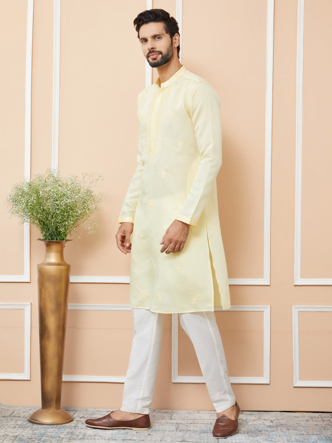 Yellow Embroidered Chanderi Silk Straight Kurta with Pyjama