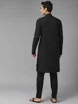 Men Jet Black Pure Cotton Embroidered Straight Kurta With Pajama