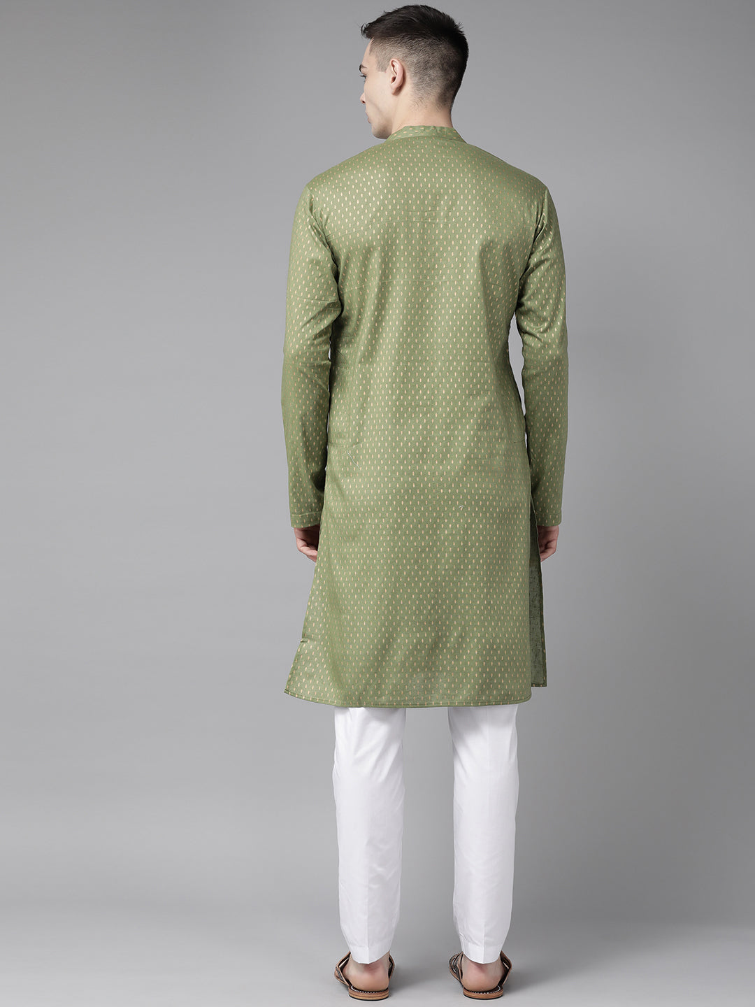 Riwaat.com Men Green & Gold Stripe Printed Straight Kurta With Pajama Riwaat Bundi Mehendi Printed