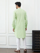 Men Green And White Embroidered Cotton Kurta