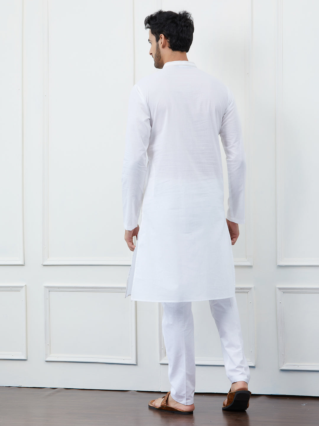 Men White Cotton Gold Thread Work Kurta With Pyjama