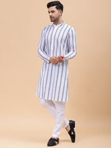 Men White & Grey Pure Cotton Embroidered Straight Kurta With pyjama