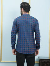 Men Blue Printed Cotton Short Kurta