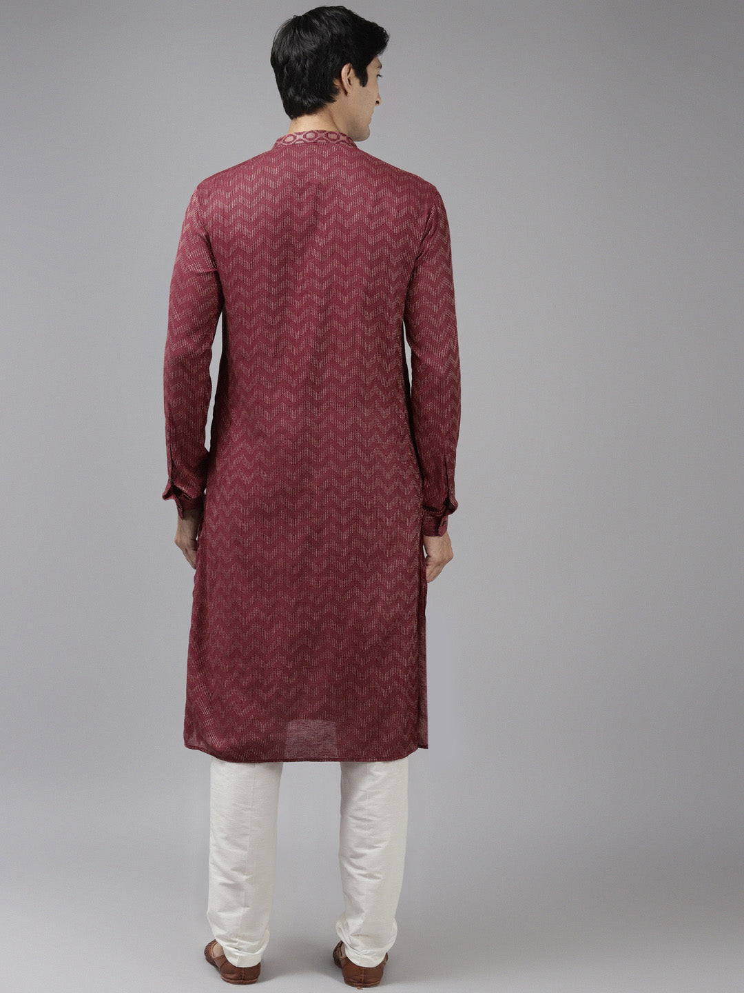 Men Burgundy & Beige Wave Woven Design Thread Work Kurta