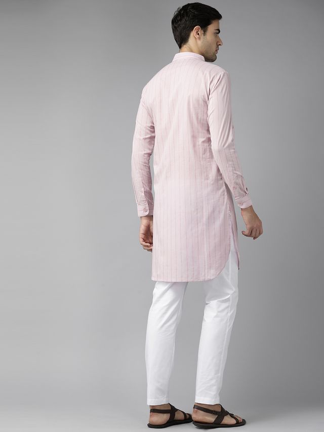 Men Baby Pink Regular Pure Cotton Pathani Printed Men's Kurta
