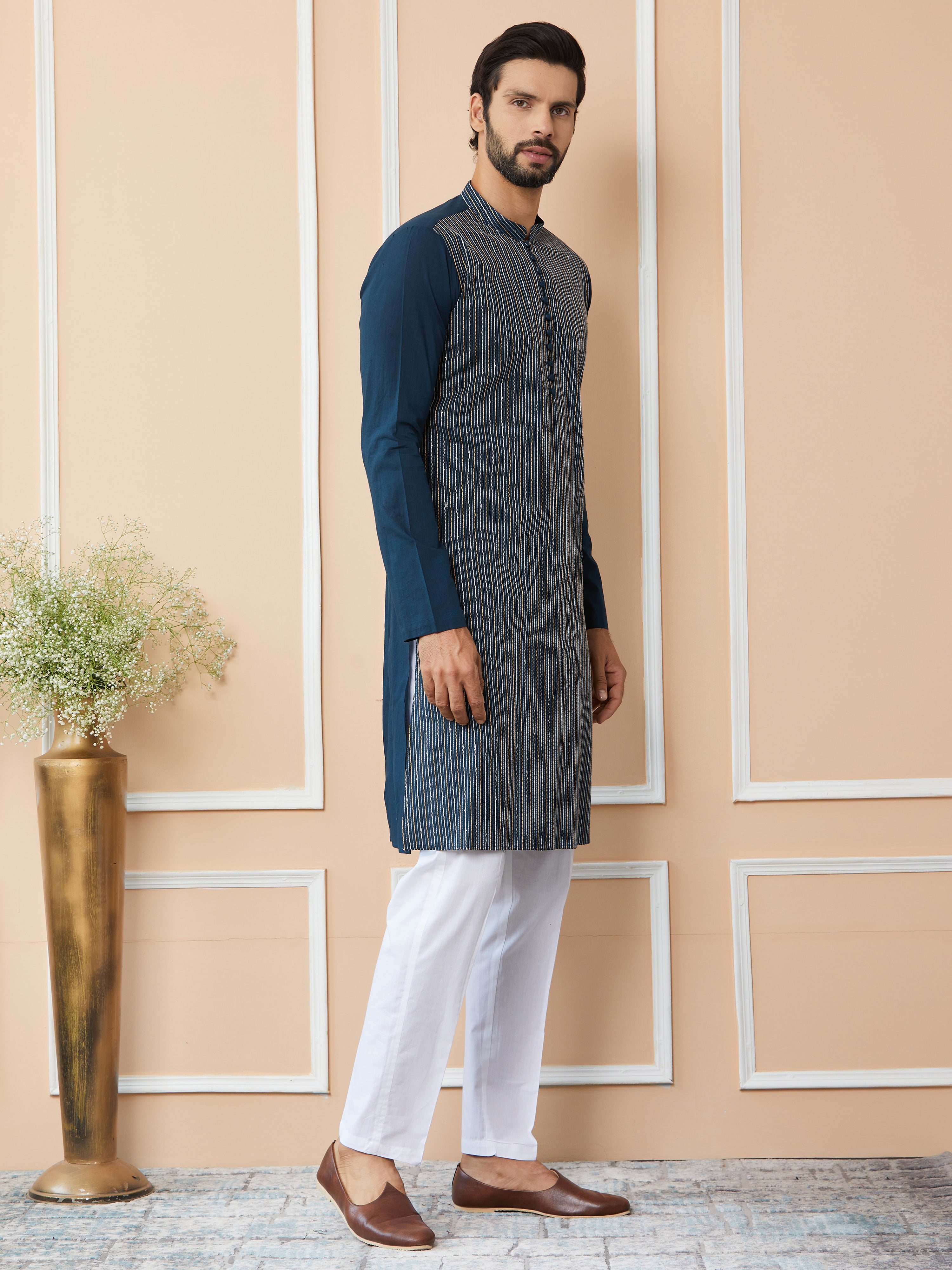 Dark Blue Thread & Sequins Worked Pure Cotton Straight Kurta with Pyjama