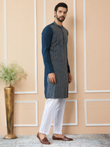 Dark Blue Thread & Sequins Worked Pure Cotton Straight Kurta with Pyjama