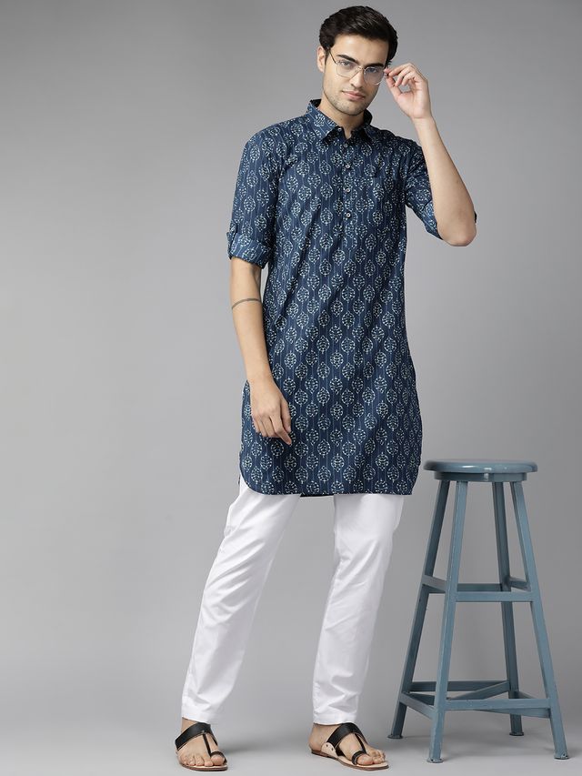 Men Indigo Regular Pure Cotton Pathani Printed Men's Kurta