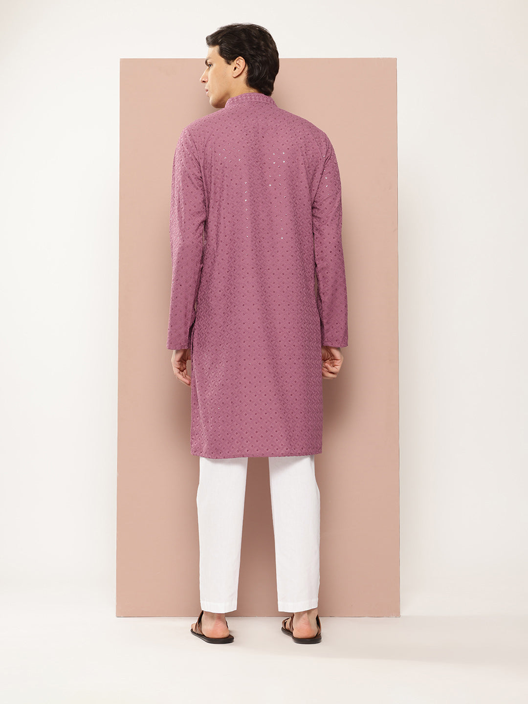 Men Pink Embroidered Sequin Rayon Kurta