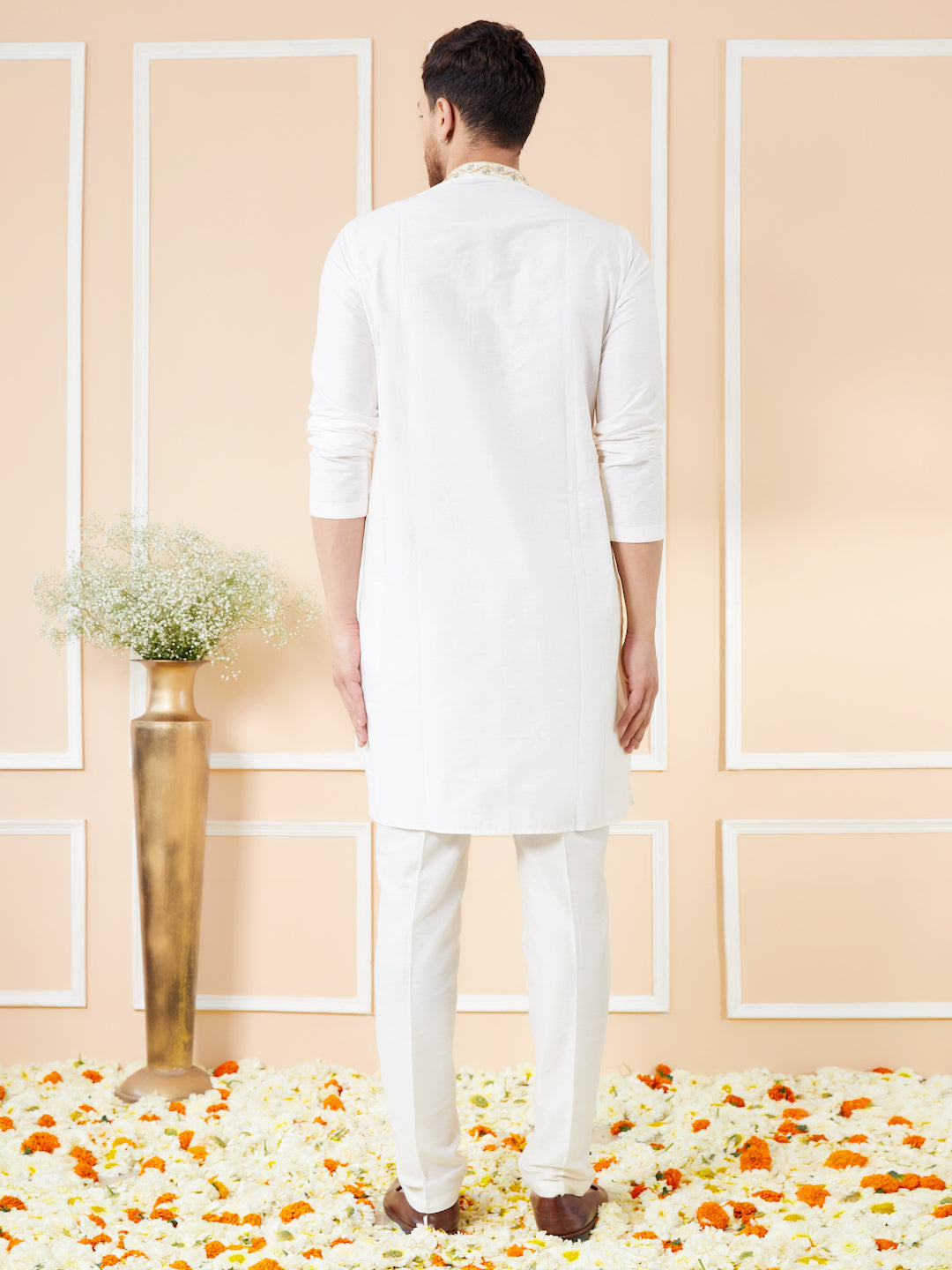 Cream Solid Cotton Emboridered Neckline Straight Kurta with Pyjama