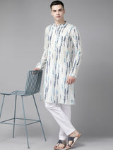 Men White Multi Tie and dye Print Design Straight Kurta With Pyjama