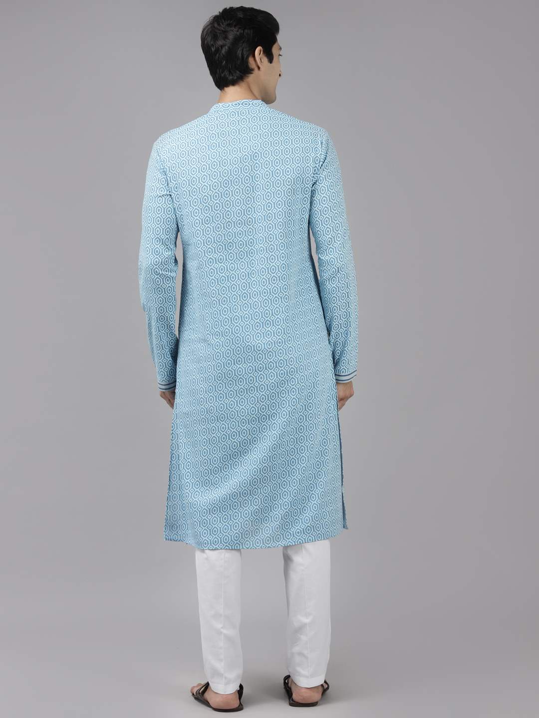 Men Blue & White Sapphire Printed Straight Kurta With Pajama