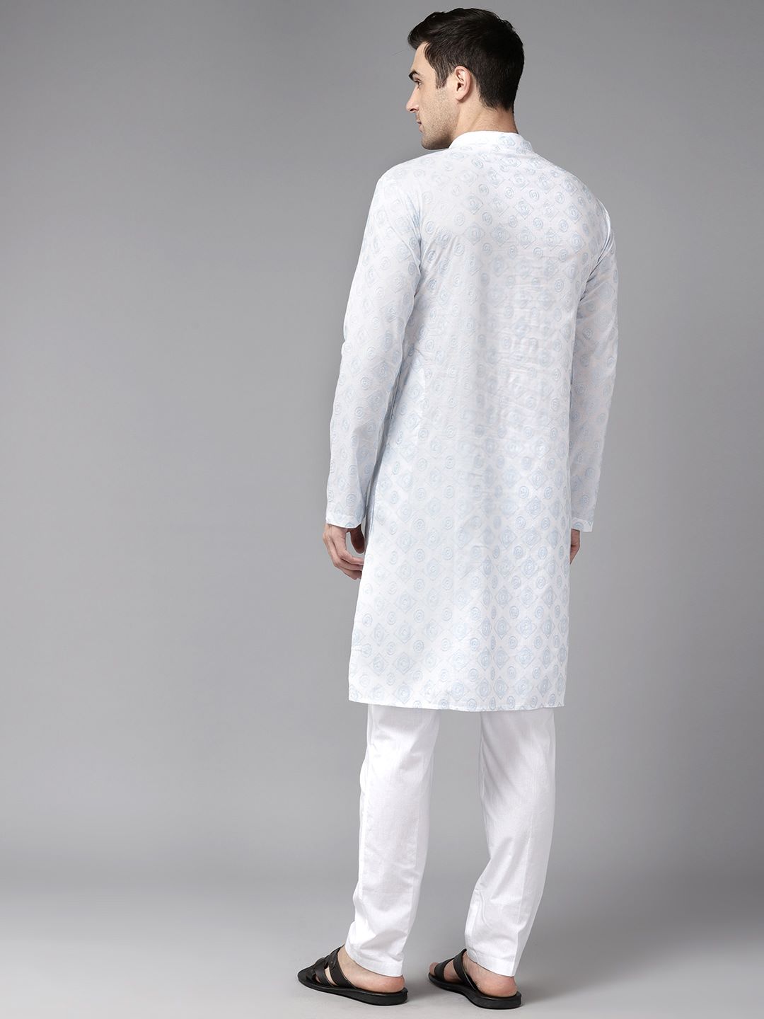 Men White with Light Blue Pattern Pure Cotton Embroidered Straight Kurta With Pajama