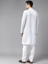 Men White with Light Blue Pattern Pure Cotton Embroidered Straight Kurta With Pajama