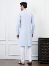 Men Light Blue with White Swirl Pattern Chikankari Embroidered Cotton Kurta Set