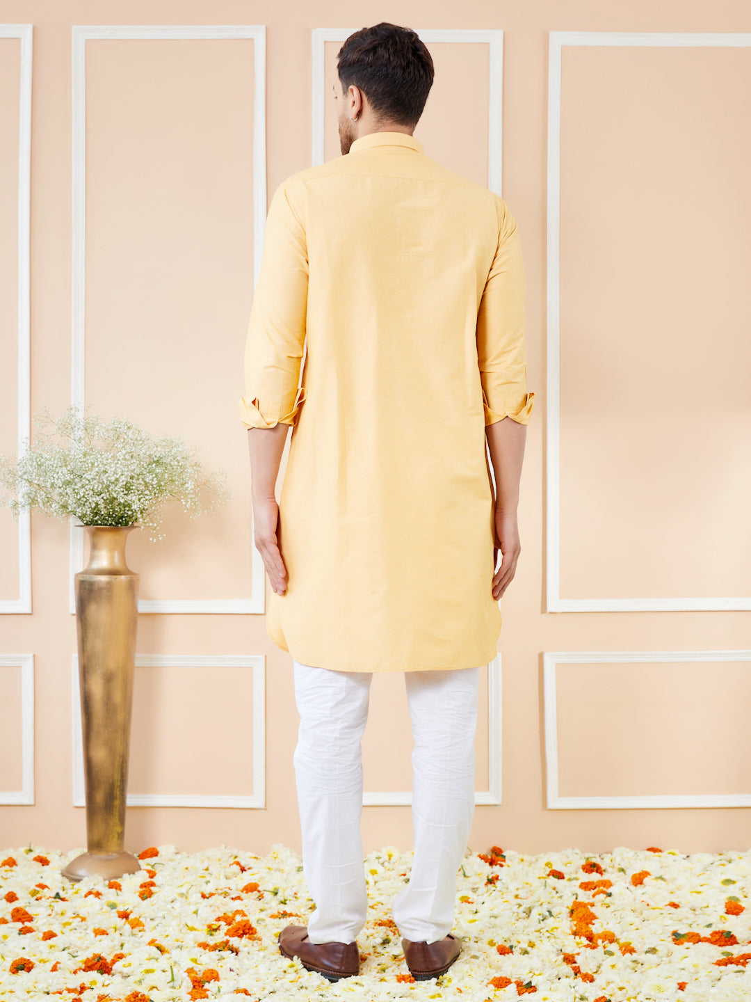 Men Yellow Cotton Solid Pathani Kurta with Pyjama
