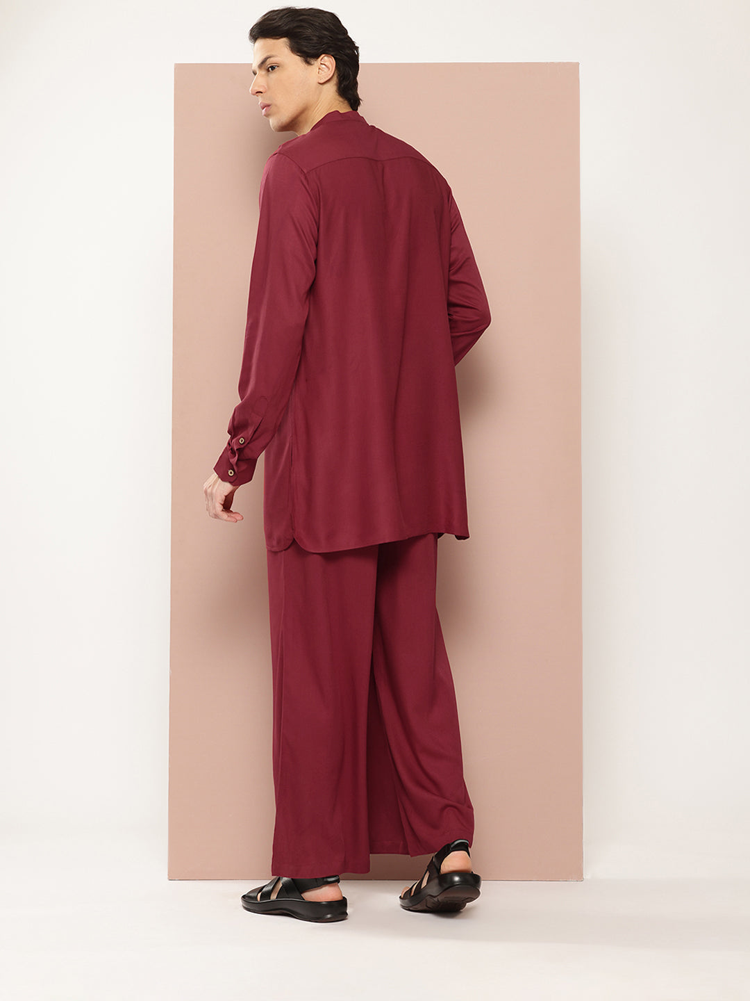 Men Maroon Rayon Solid Pathani Sets