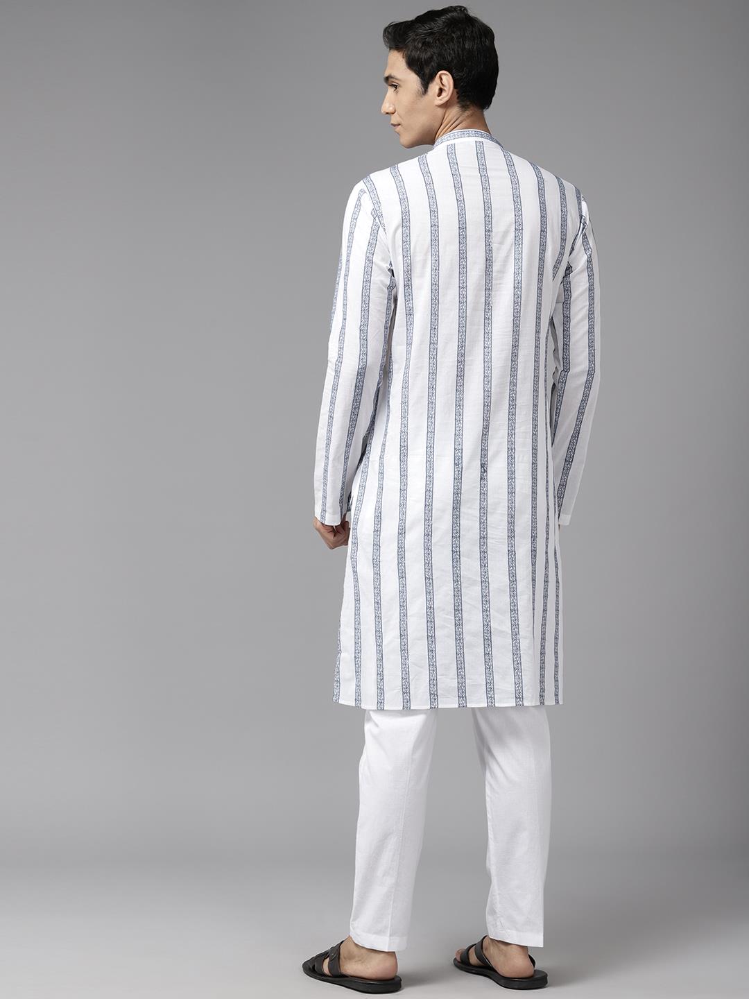 Men White & Grey Pure Cotton Embroidered Straight Kurta With Pajama