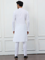 Men White Cotton Pink Thread Work & Sequince Kurta