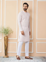 Light Pink Thread & Sequins Worked Pure Cotton Straight Kurta with Pyjama