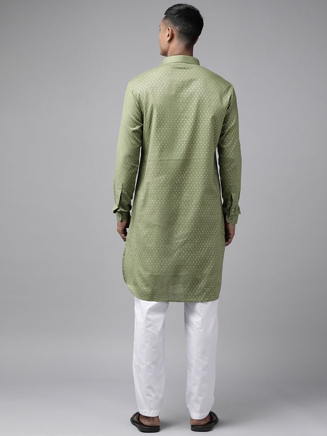 Men Olive Regular Pure Cotton Pathani Printed Men's Kurta With White Salwar