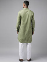 Men Olive Regular Pure Cotton Pathani Printed Men's Kurta With White Salwar