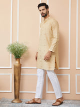 Beige Cotton Handloom Motifs Straight Kurta with Pyjama