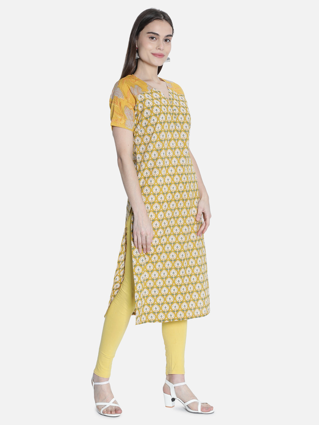 Women Mustard And Off White Printed Straight Cut Kurti