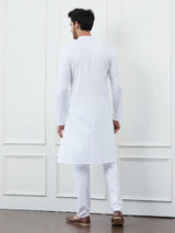 Men Pearl White Kurta with Subtle Embroidered Stripes and Pajama