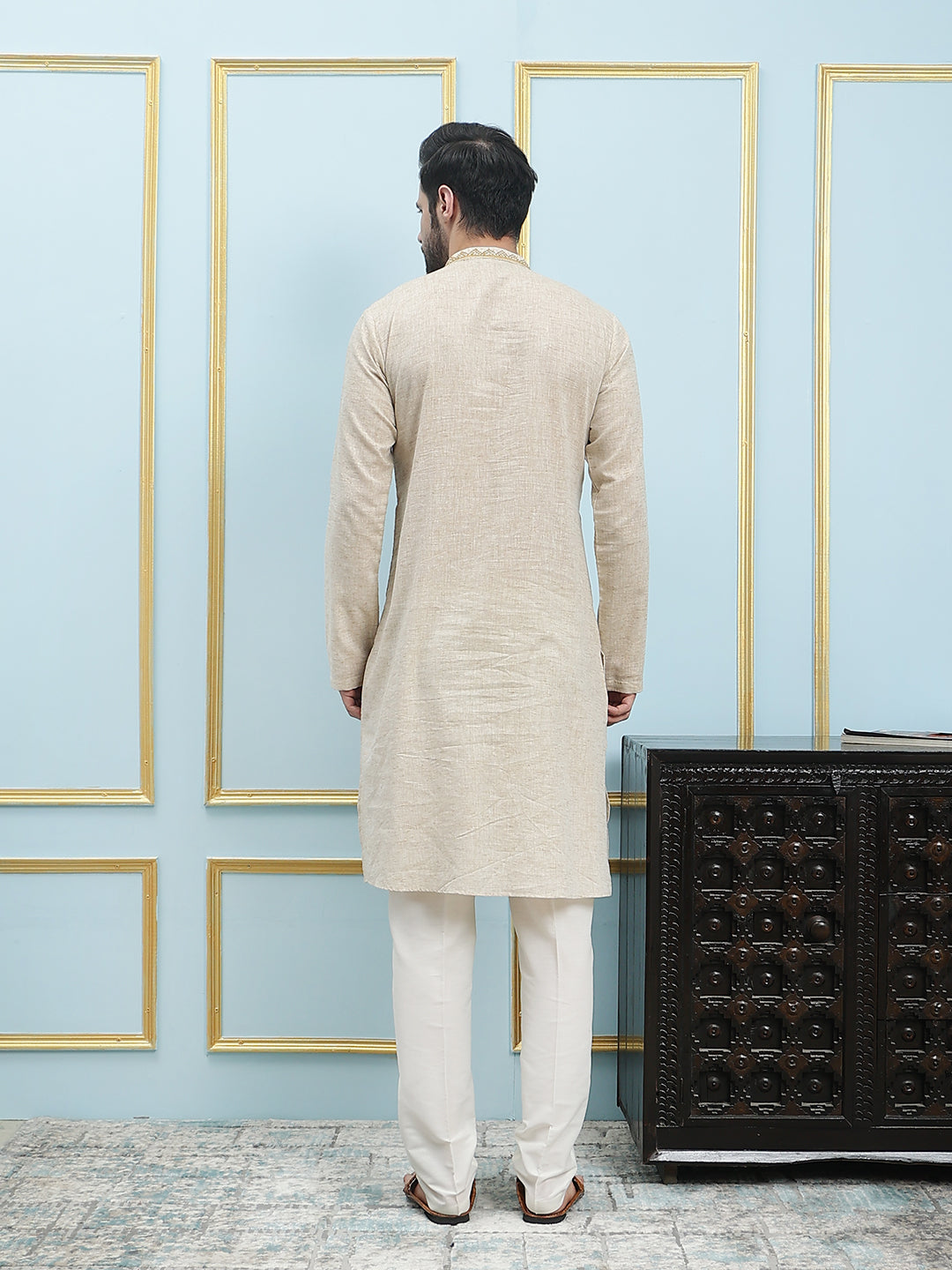 Riwaat.com Men Cream Embroidery Cotton Kurta Riwaat Embroidered